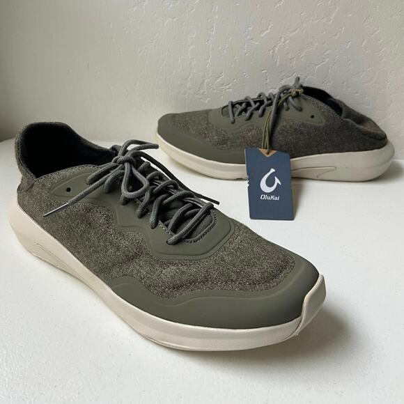Olukai Koheo Hulu Wool Sneakers Men's 10.5 in Dust Olive Lace-Up Drop Heel NEW